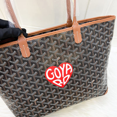 Goyard Artois PM Tote with a Red Hand Painted Heart Stamp in Black and Tan Signature Goyardine Canvas