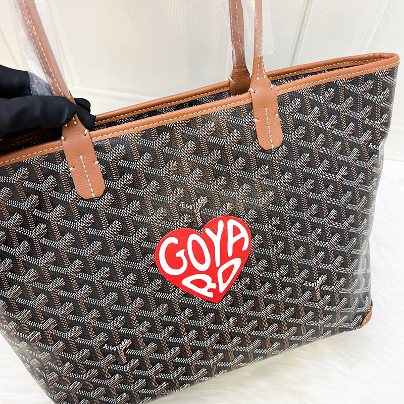 Goyard Artois PM Tote with a Red Hand Painted Heart Stamp in Black and Tan Signature Goyardine Canvas