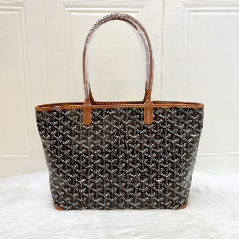 Goyard Artois PM Tote with a Red Hand Painted Heart Stamp in Black and Tan Signature Goyardine Canvas