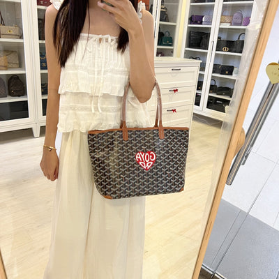 Goyard Artois PM Tote with a Red Hand Painted Heart Stamp in Black and Tan Signature Goyardine Canvas