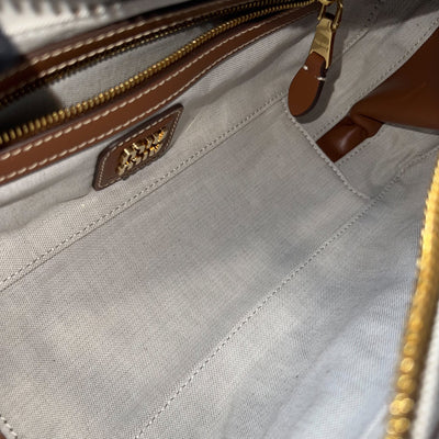 [Brand New - May 2025] Miu Miu Small Beau Top Handle Bag in Beige Cotton Canvas, Brandy Leather Trim and GHW