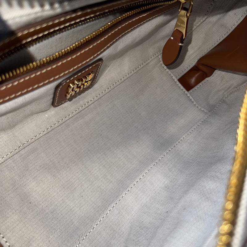 [Brand New - May 2025] Miu Miu Small Beau Top Handle Bag in Beige Cotton Canvas, Brandy Leather Trim and GHW