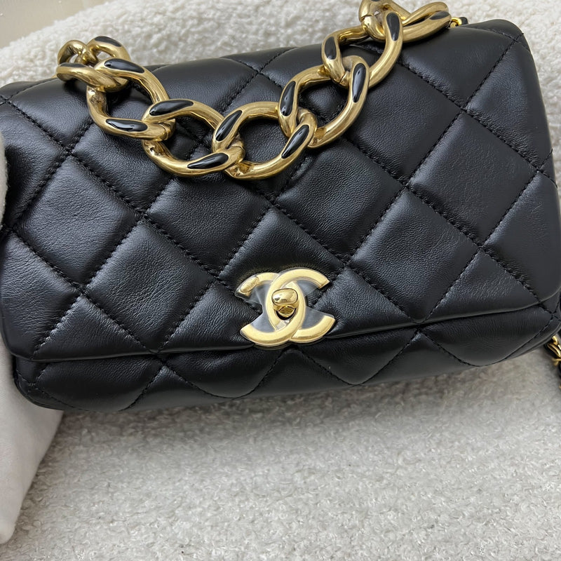 Chanel 22A Mini Flap Bag with Chain in Black Lambskin and AGHW