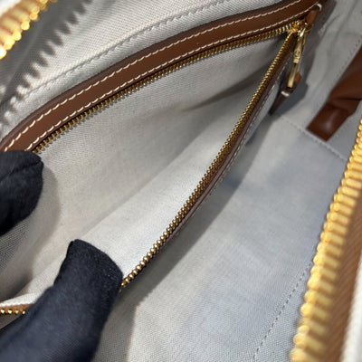 [Brand New - May 2025] Miu Miu Small Beau Top Handle Bag in Beige Cotton Canvas, Brandy Leather Trim and GHW