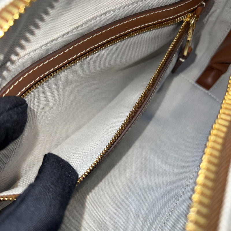 [Brand New - May 2025] Miu Miu Small Beau Top Handle Bag in Beige Cotton Canvas, Brandy Leather Trim and GHW