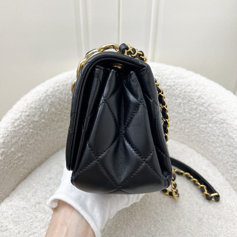 Chanel 22A Mini Flap Bag with Chain in Black Lambskin and AGHW