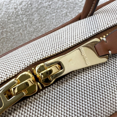 [Brand New - May 2025] Miu Miu Small Beau Top Handle Bag in Beige Cotton Canvas, Brandy Leather Trim and GHW