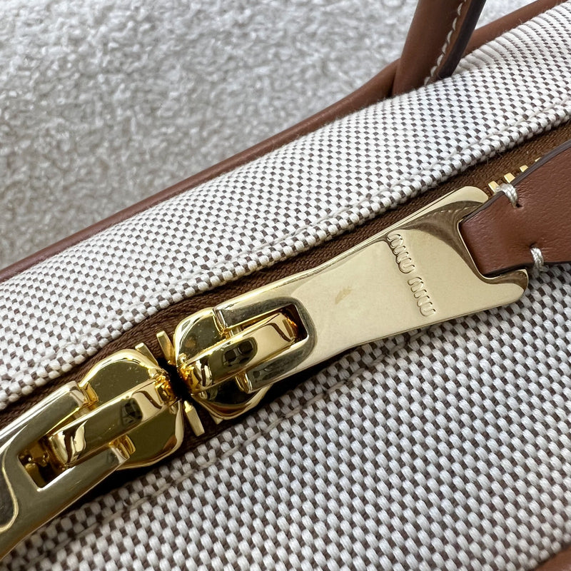 [Brand New - May 2025] Miu Miu Small Beau Top Handle Bag in Beige Cotton Canvas, Brandy Leather Trim and GHW