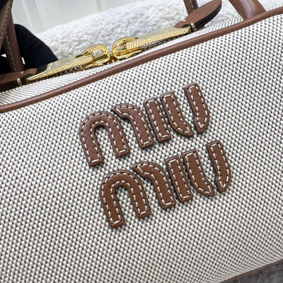 [Brand New - May 2025] Miu Miu Small Beau Top Handle Bag in Beige Cotton Canvas, Brandy Leather Trim and GHW