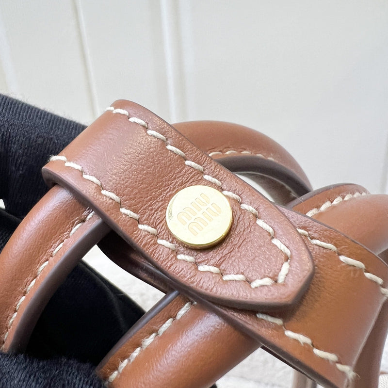 [Brand New - May 2025] Miu Miu Small Beau Top Handle Bag in Beige Cotton Canvas, Brandy Leather Trim and GHW