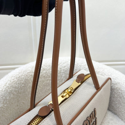 [Brand New - May 2025] Miu Miu Small Beau Top Handle Bag in Beige Cotton Canvas, Brandy Leather Trim and GHW