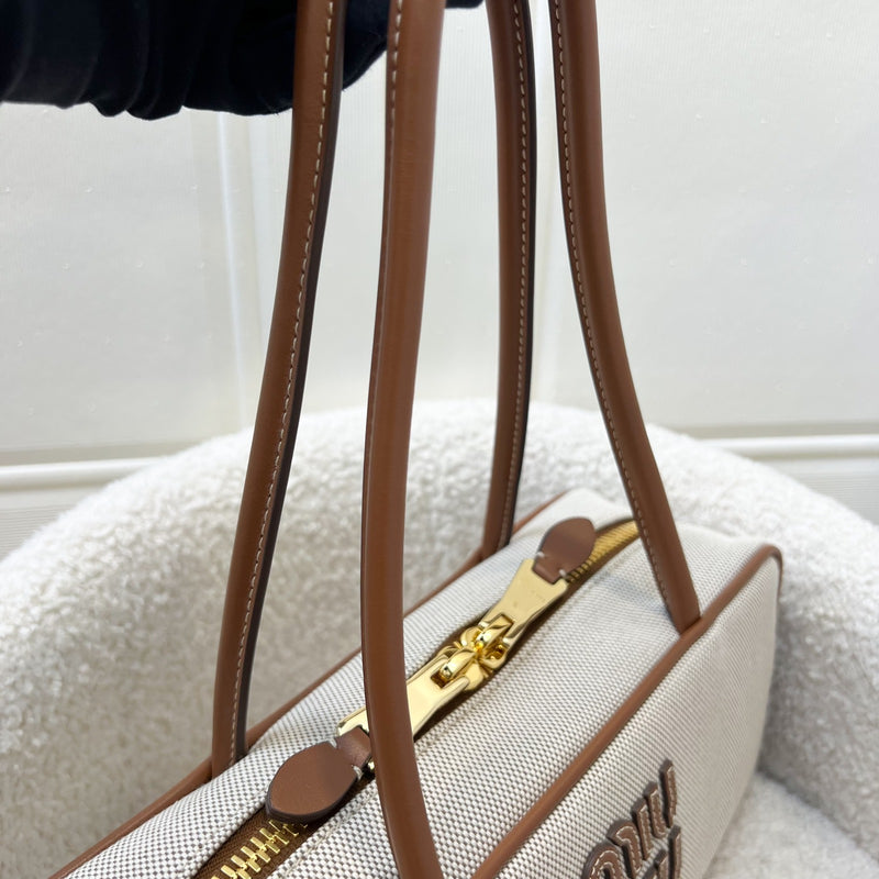 [Brand New - May 2025] Miu Miu Small Beau Top Handle Bag in Beige Cotton Canvas, Brandy Leather Trim and GHW