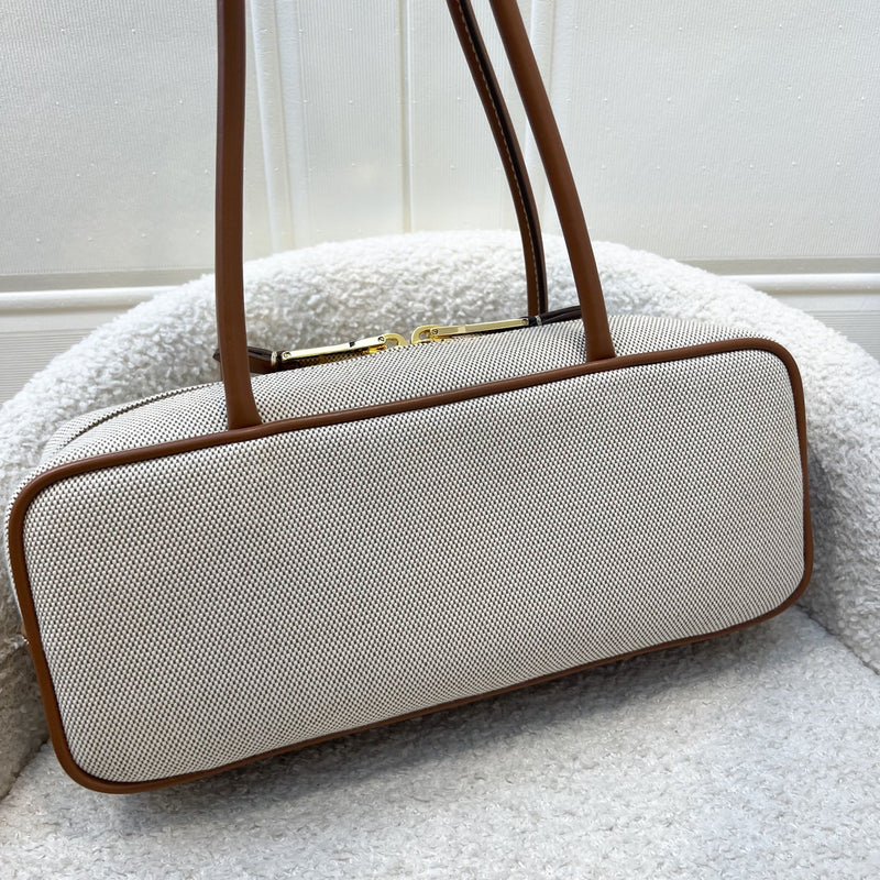 [Brand New - May 2025] Miu Miu Small Beau Top Handle Bag in Beige Cotton Canvas, Brandy Leather Trim and GHW