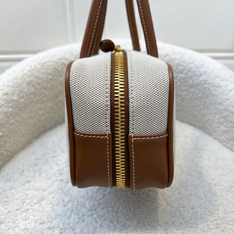 [Brand New - May 2025] Miu Miu Small Beau Top Handle Bag in Beige Cotton Canvas, Brandy Leather Trim and GHW