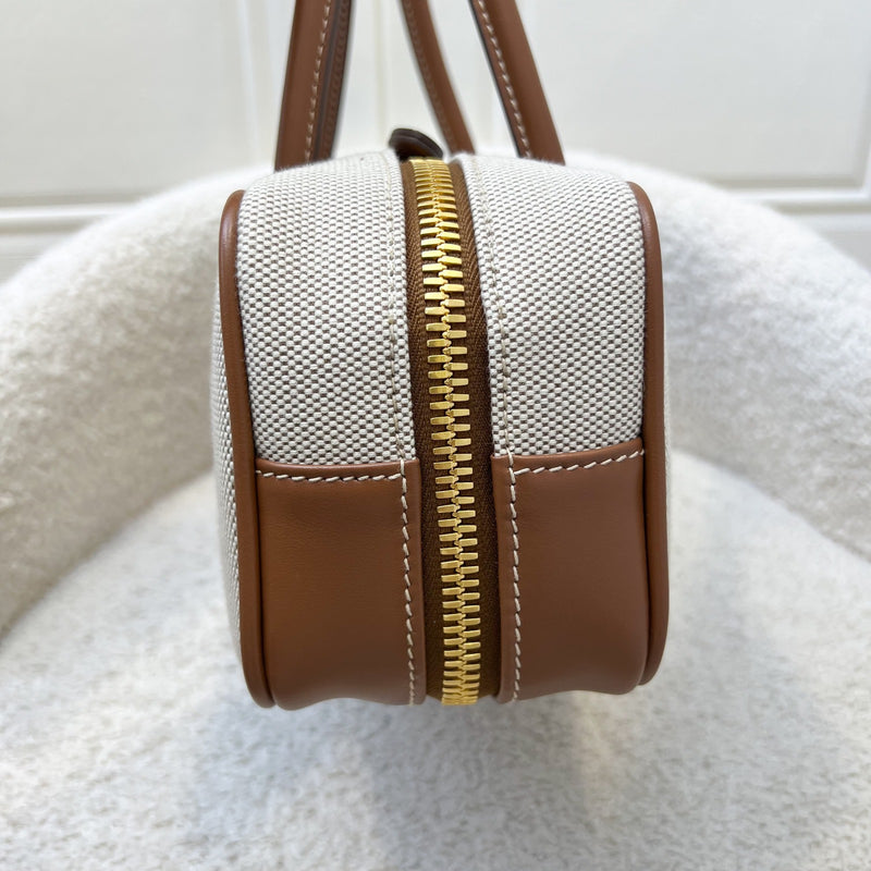 [Brand New - May 2025] Miu Miu Small Beau Top Handle Bag in Beige Cotton Canvas, Brandy Leather Trim and GHW