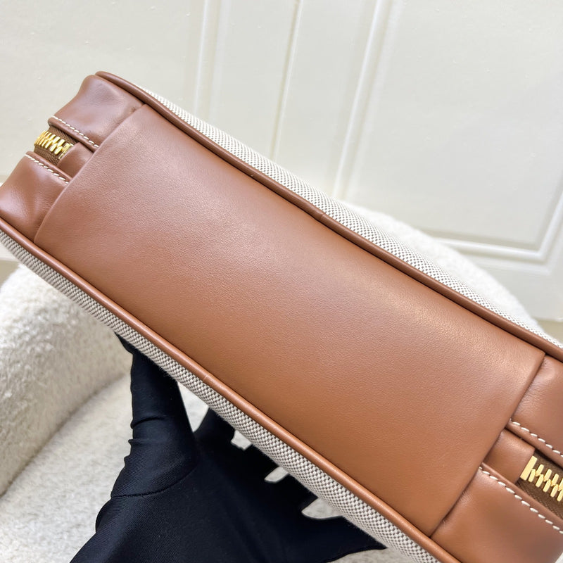 [Brand New - May 2025] Miu Miu Small Beau Top Handle Bag in Beige Cotton Canvas, Brandy Leather Trim and GHW