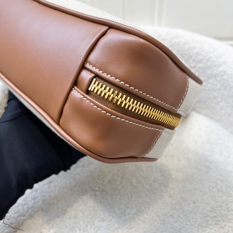 [Brand New - May 2025] Miu Miu Small Beau Top Handle Bag in Beige Cotton Canvas, Brandy Leather Trim and GHW