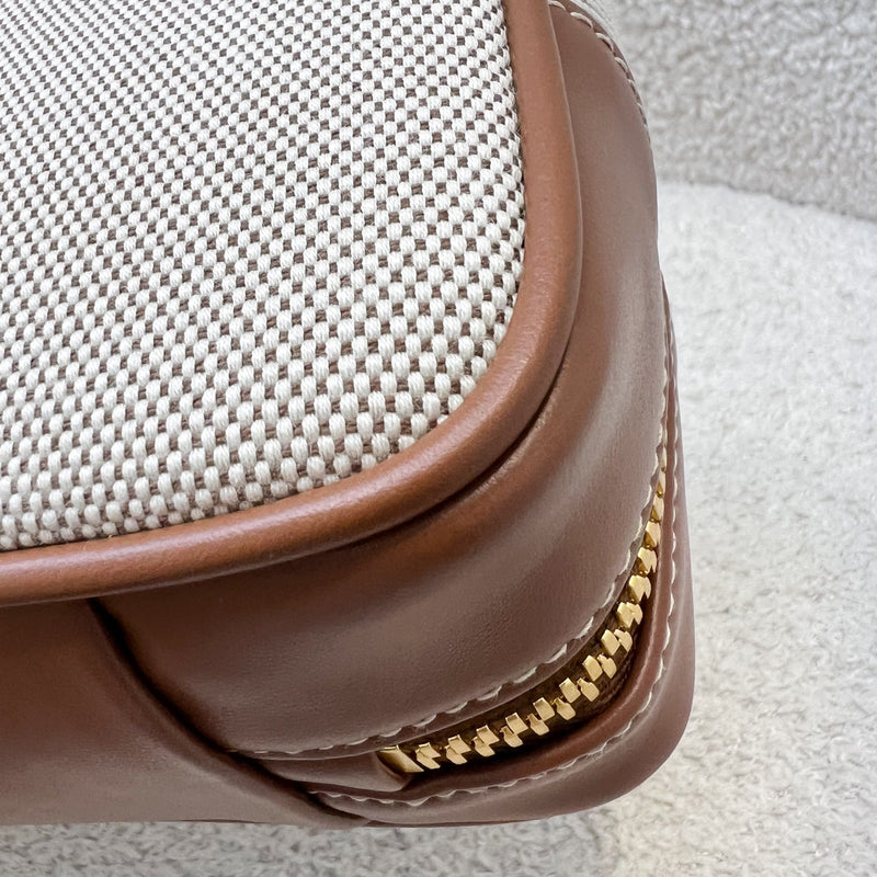 [Brand New - May 2025] Miu Miu Small Beau Top Handle Bag in Beige Cotton Canvas, Brandy Leather Trim and GHW