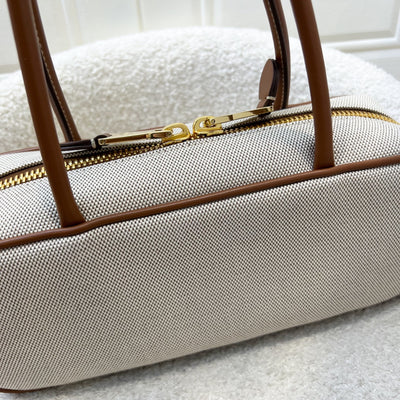 [Brand New - May 2025] Miu Miu Small Beau Top Handle Bag in Beige Cotton Canvas, Brandy Leather Trim and GHW