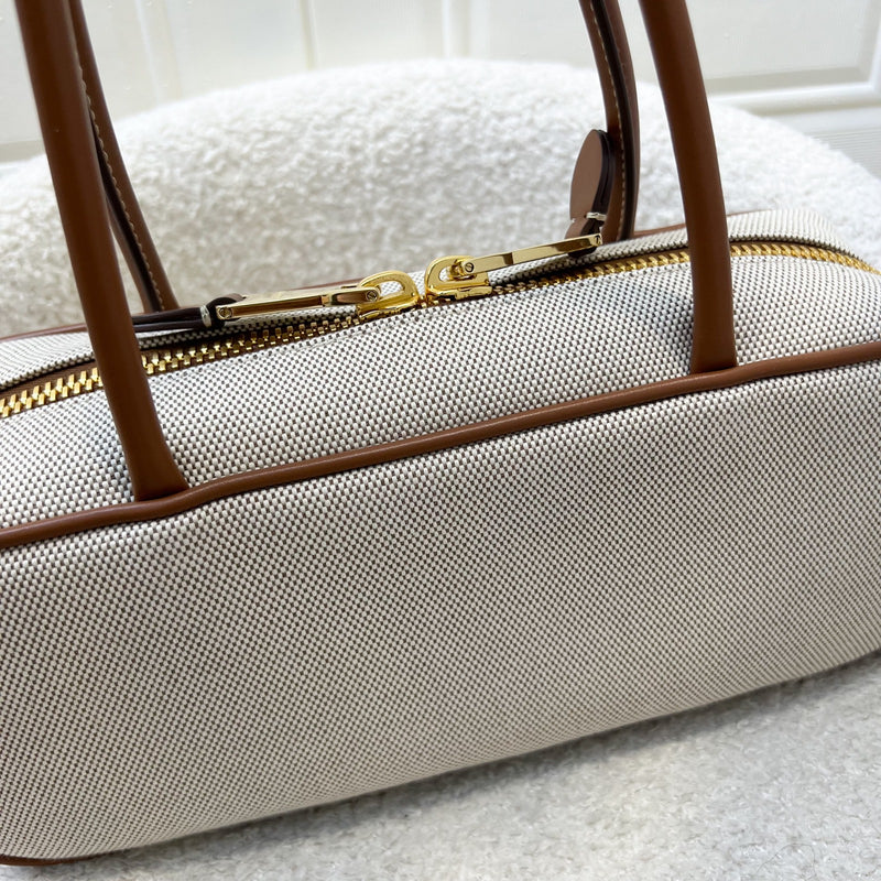 [Brand New - May 2025] Miu Miu Small Beau Top Handle Bag in Beige Cotton Canvas, Brandy Leather Trim and GHW