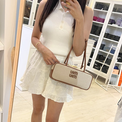 [Brand New - May 2025] Miu Miu Small Beau Top Handle Bag in Beige Cotton Canvas, Brandy Leather Trim and GHW