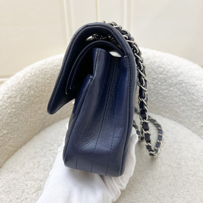 Chanel Medium Classic Flap CF in Chevron Quilted Navy Caviar and SHW