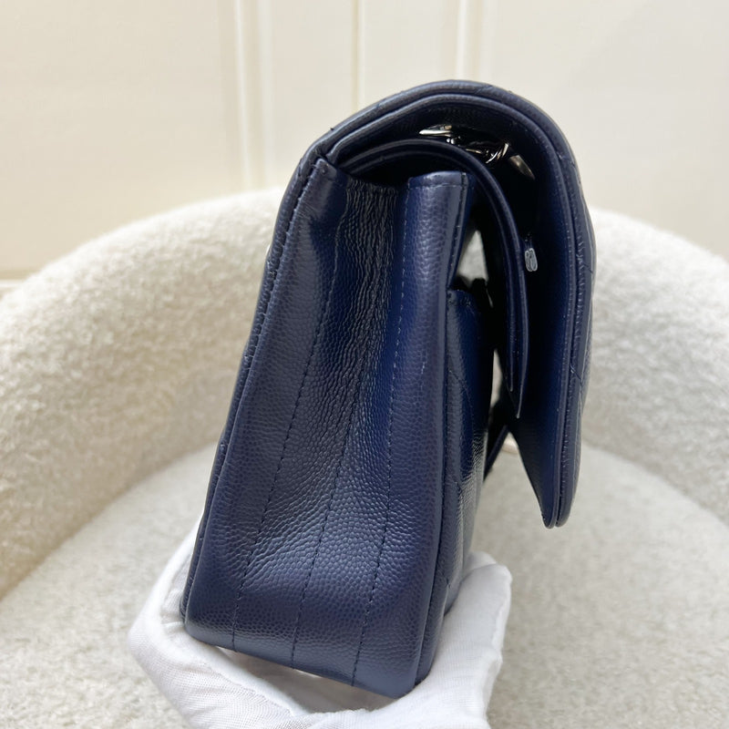 Chanel Medium Classic Flap CF in Chevron Quilted Navy Caviar and SHW