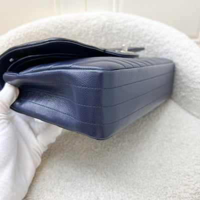Chanel Medium Classic Flap CF in Chevron Quilted Navy Caviar and SHW