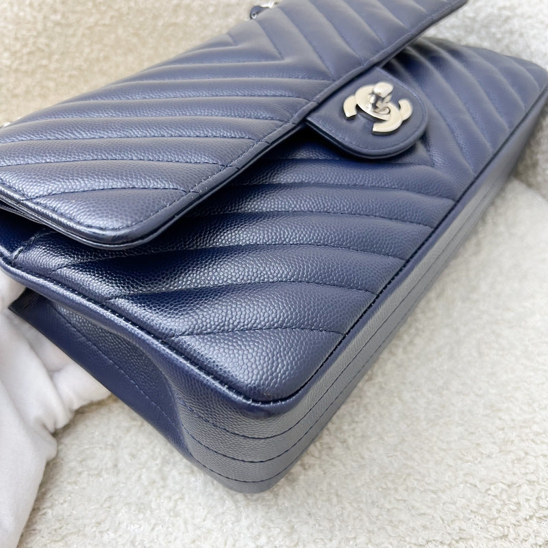Chanel Medium Classic Flap CF in Chevron Quilted Navy Caviar and SHW