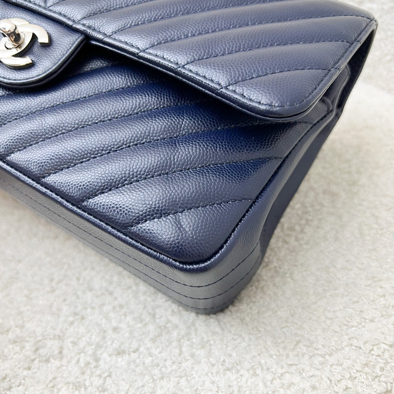 Chanel Medium Classic Flap CF in Chevron Quilted Navy Caviar and SHW