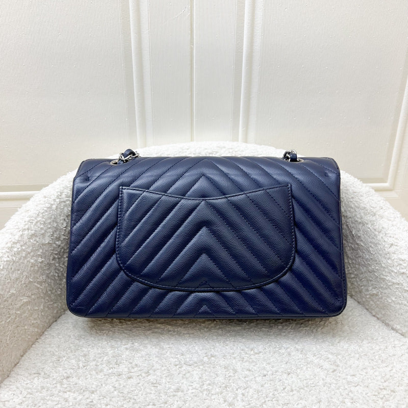 Chanel Medium Classic Flap CF in Chevron Quilted Navy Caviar and SHW