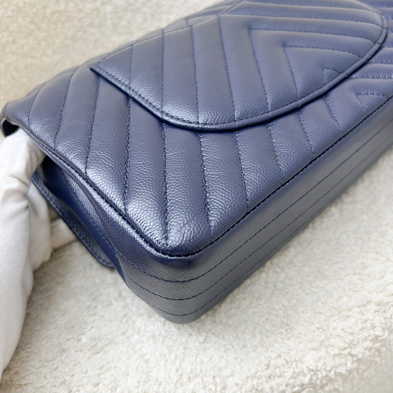 Chanel Medium Classic Flap CF in Chevron Quilted Navy Caviar and SHW