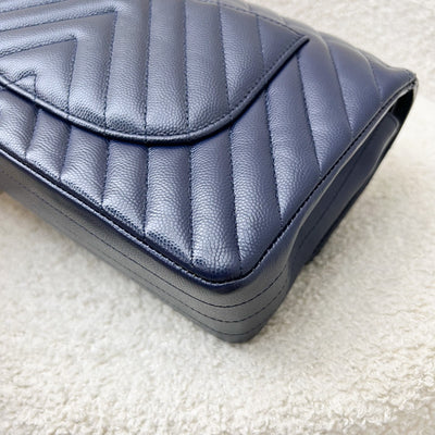 Chanel Medium Classic Flap CF in Chevron Quilted Navy Caviar and SHW