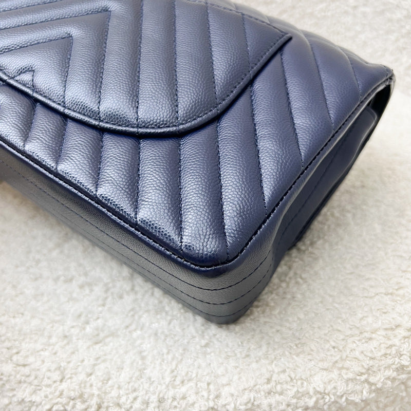 Chanel Medium Classic Flap CF in Chevron Quilted Navy Caviar and SHW