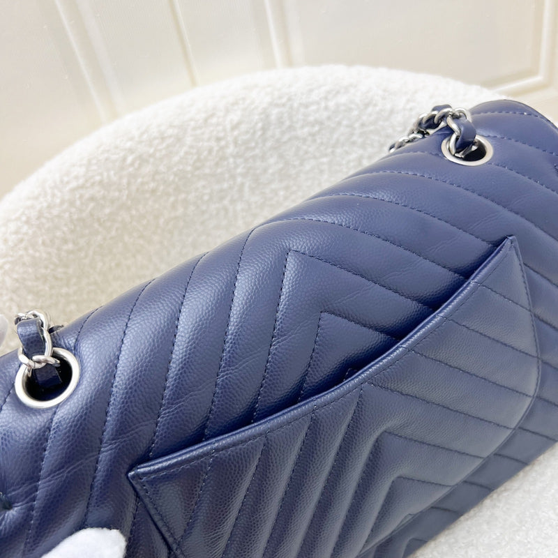 Chanel Medium Classic Flap CF in Chevron Quilted Navy Caviar and SHW