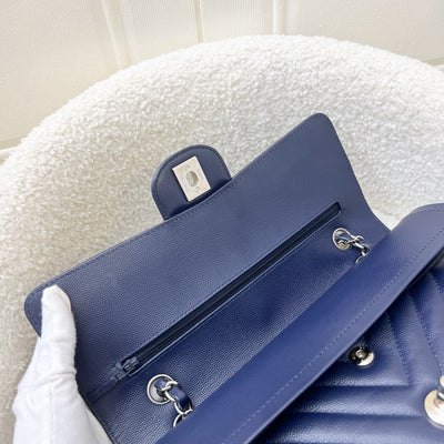 Chanel Medium Classic Flap CF in Chevron Quilted Navy Caviar and SHW