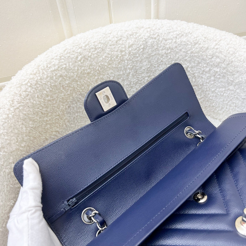 Chanel Medium Classic Flap CF in Chevron Quilted Navy Caviar and SHW