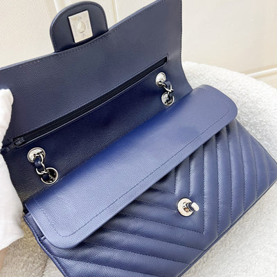 Chanel Medium Classic Flap CF in Chevron Quilted Navy Caviar and SHW