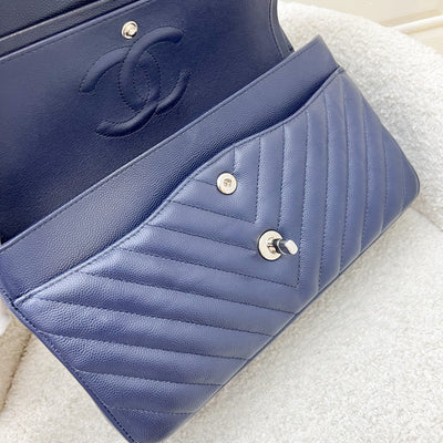 Chanel Medium Classic Flap CF in Chevron Quilted Navy Caviar and SHW