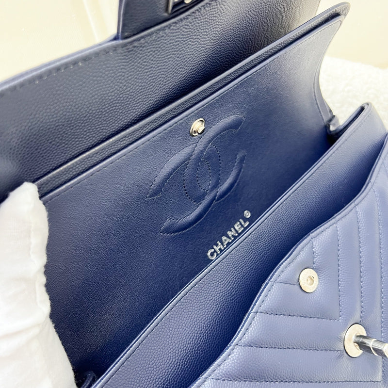 Chanel Medium Classic Flap CF in Chevron Quilted Navy Caviar and SHW