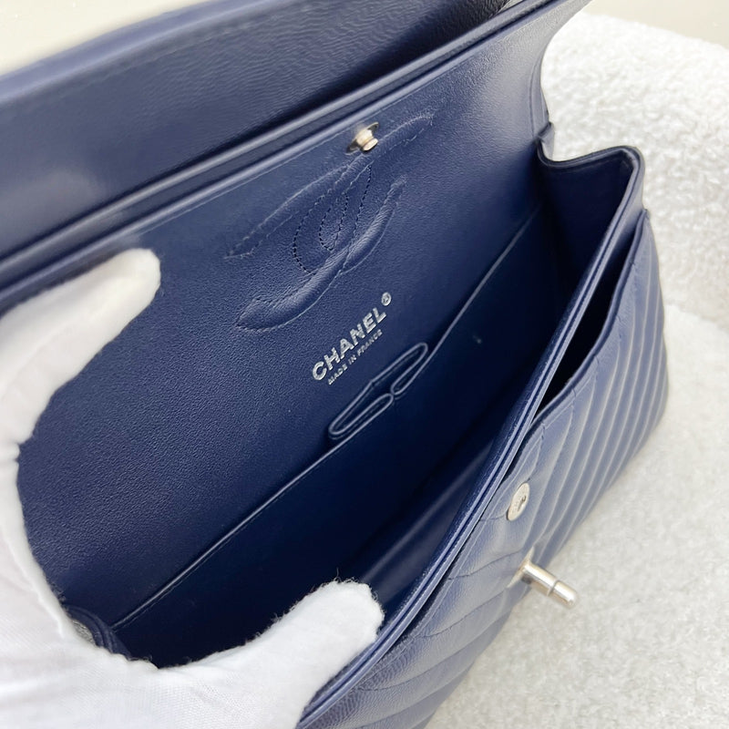 Chanel Medium Classic Flap CF in Chevron Quilted Navy Caviar and SHW