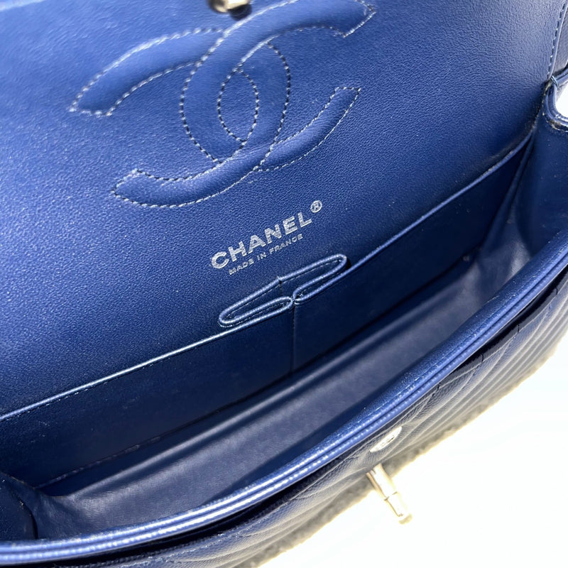 Chanel Medium Classic Flap CF in Chevron Quilted Navy Caviar and SHW