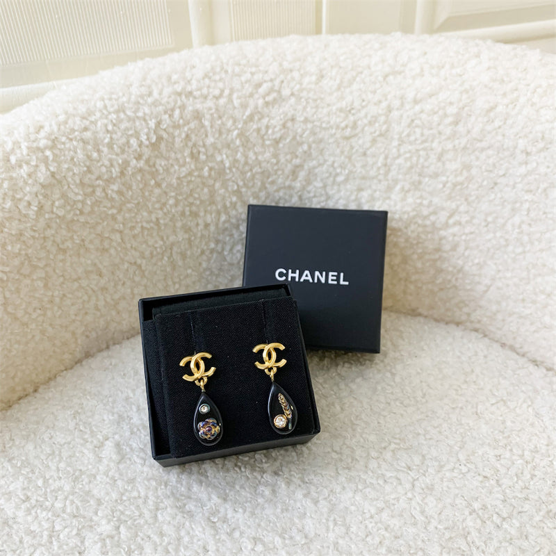 Chanel 20A CC Logo and Resin Earrings with Camellia and Wheat Motifs