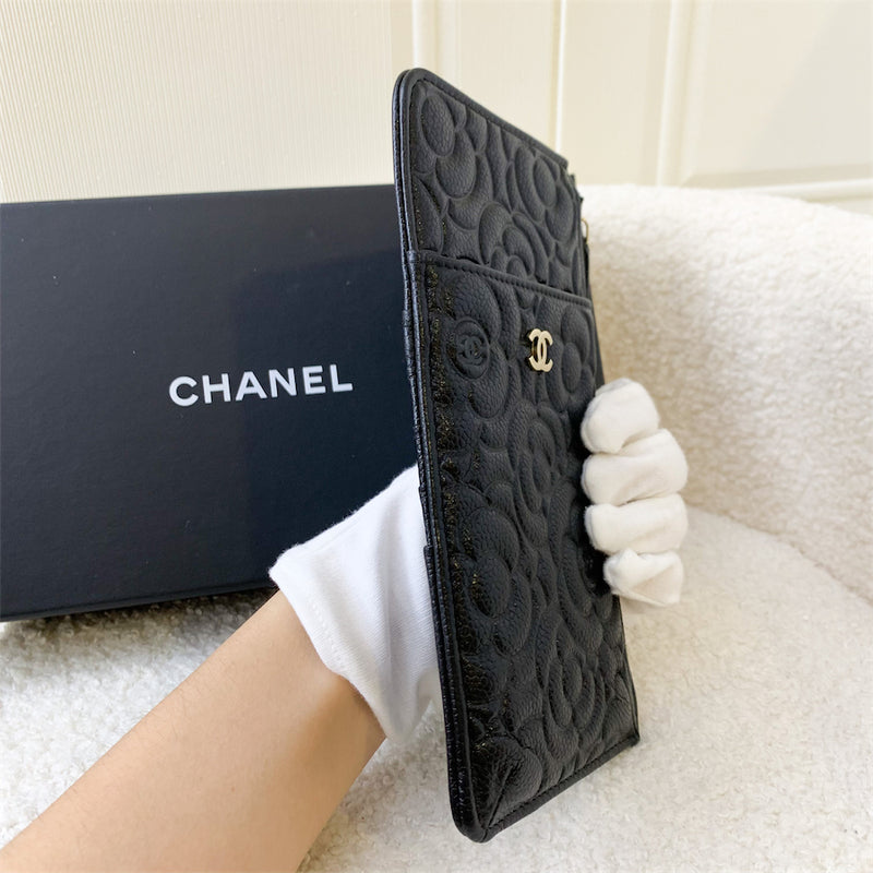 Chanel Camellia Embossed Zipped Phone Holder in Black Caviar and GHW