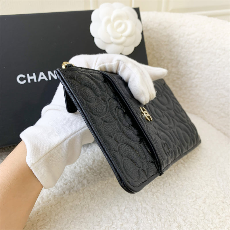 Chanel Camellia Embossed Zipped Phone Holder in Black Caviar and GHW