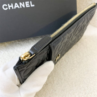 Chanel Camellia Embossed Zipped Phone Holder in Black Caviar and GHW