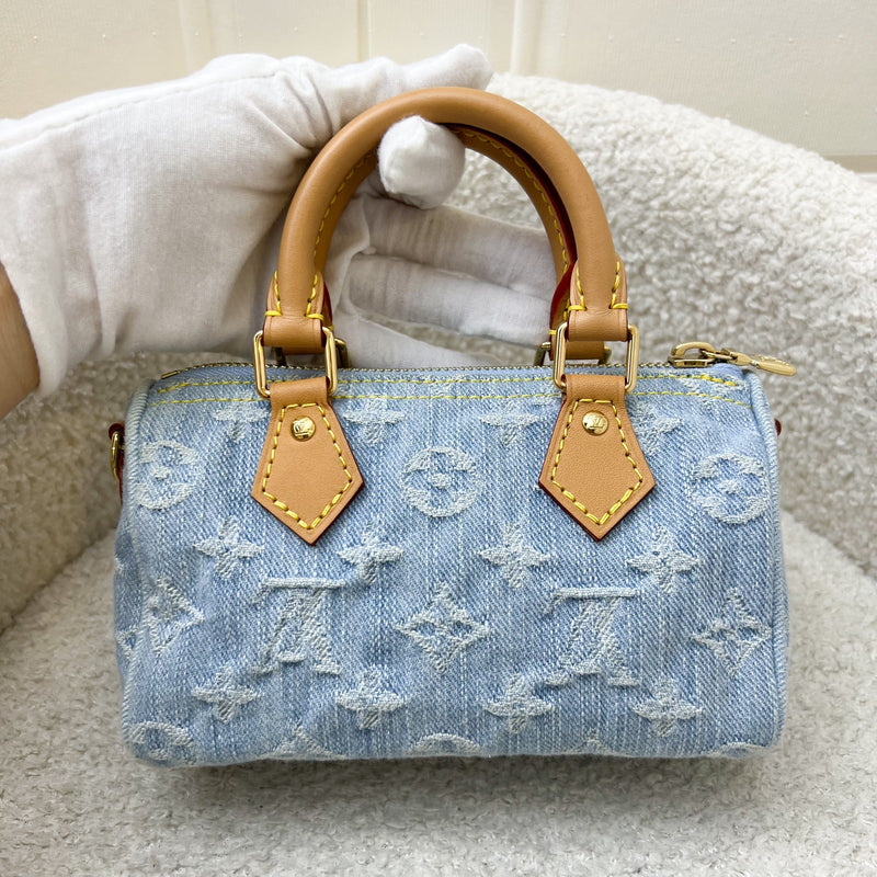 LV Nano Speedy in Light Blue Denim and GHW (Model: M11212)
