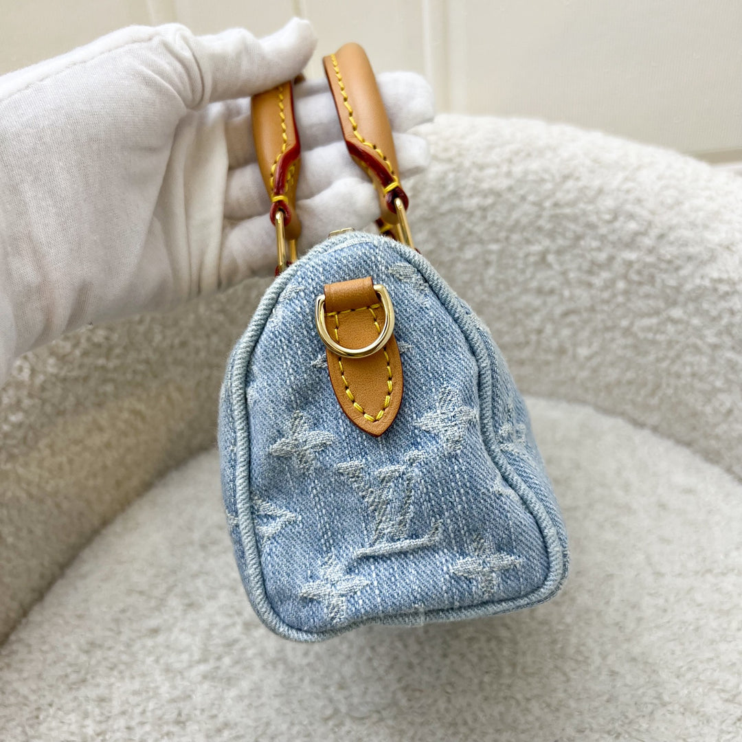 LV Nano Speedy in Light Blue Denim and GHW (Model: M11212