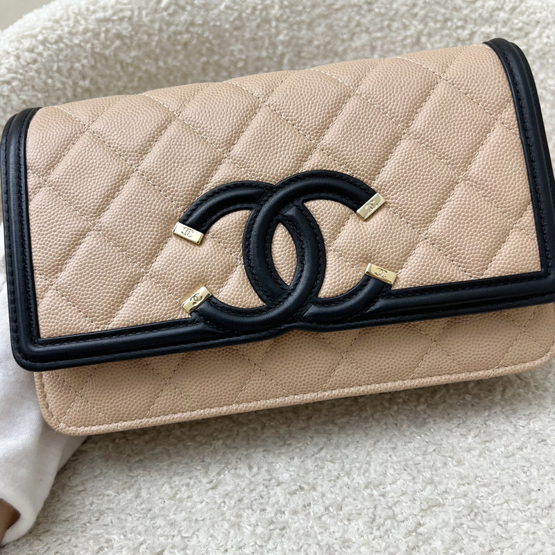 Chanel Filigree Wallet on Chain WOC in Beige Caviar with Black Trim and AGHW