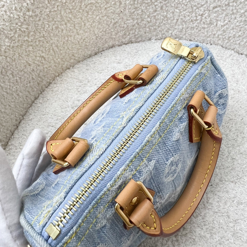 LV Nano Speedy in Light Blue Denim and GHW (Model: M11212)